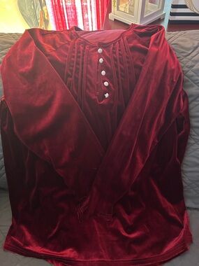 Velvet Long Sleeve Top with Pleated Front and Buttons - Deep Red